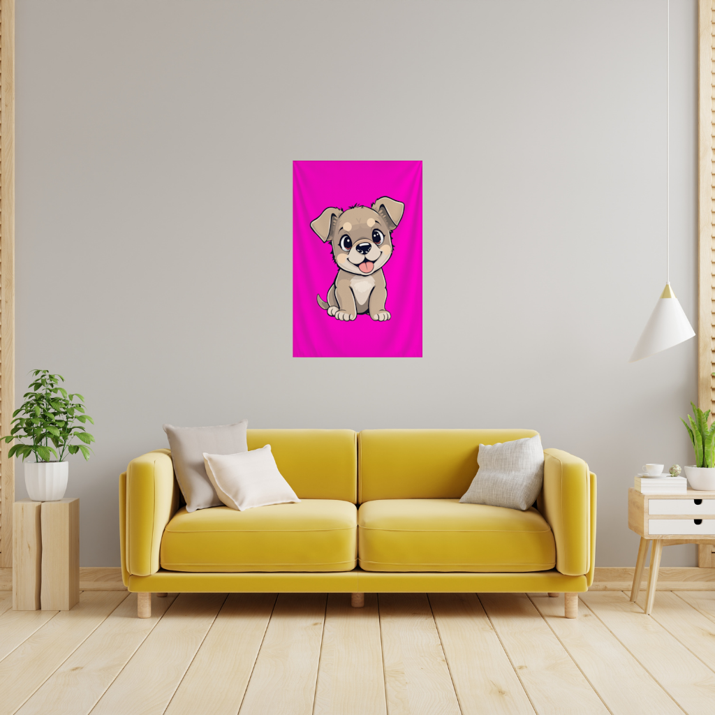 Cute Dog Illustration on Pink Background Wall Tapestry