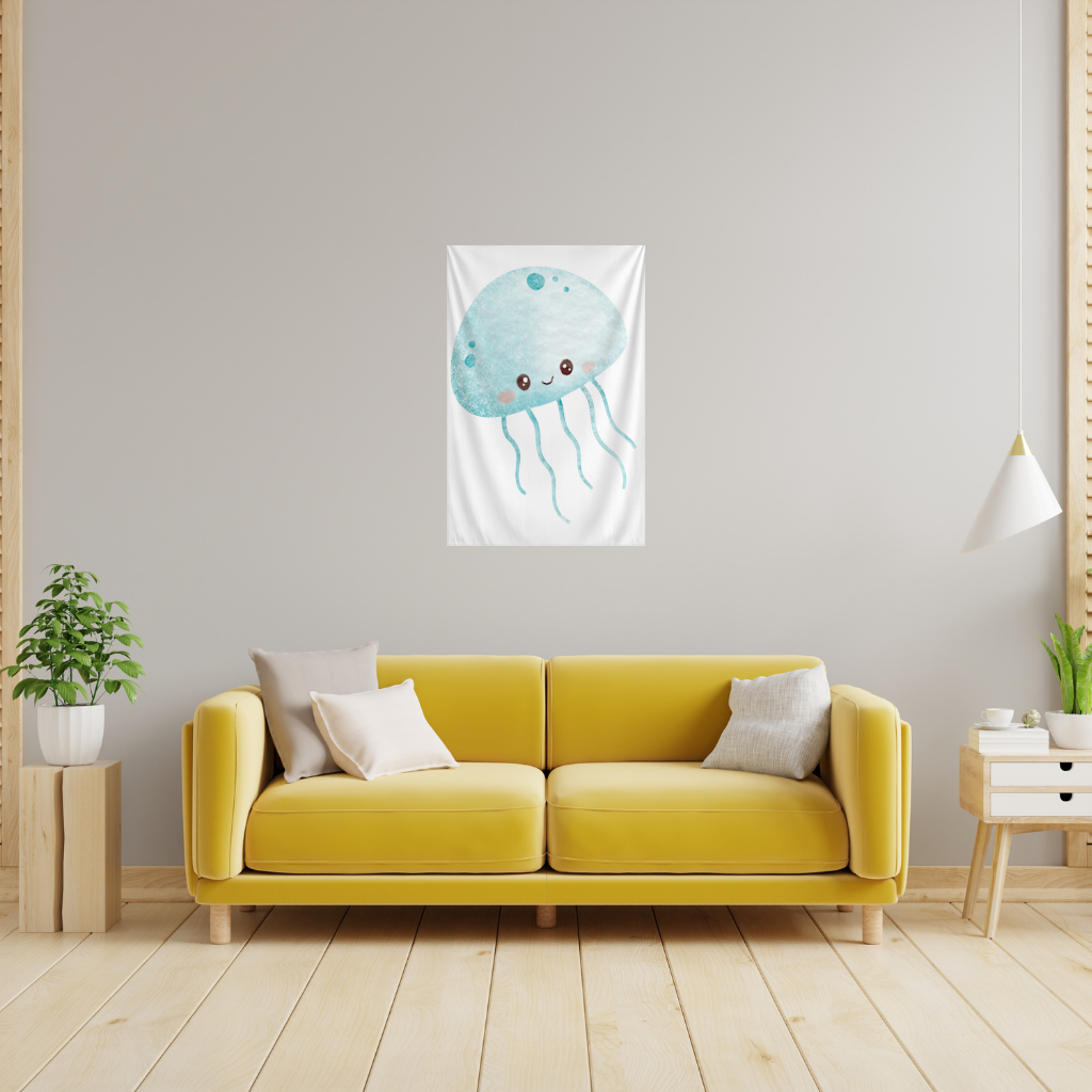 Cute Blue Jellyfish Character Wall Tapestry