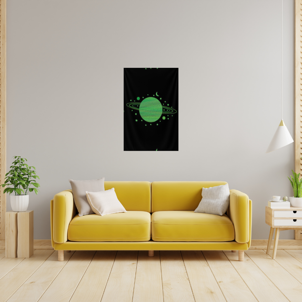 Green planets on a black background. Wall Tapestry