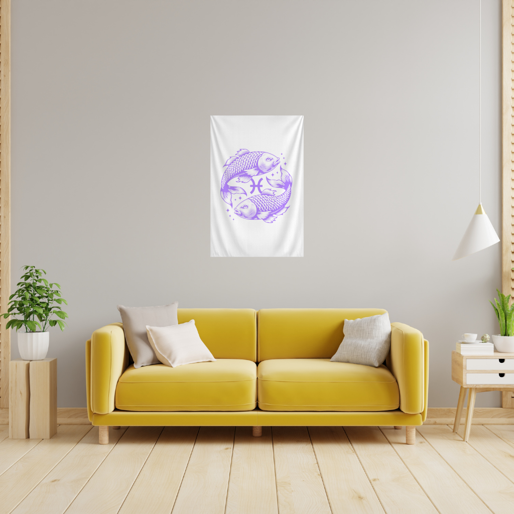 Pisces Zodiac Symbol with Purple Fish Art Wall Tapestry