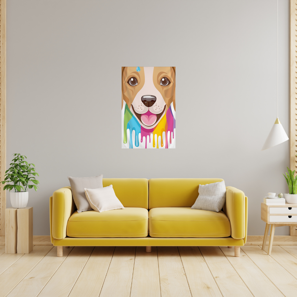 Happy Dog with Colorful Paint Drips Wall Tapestry