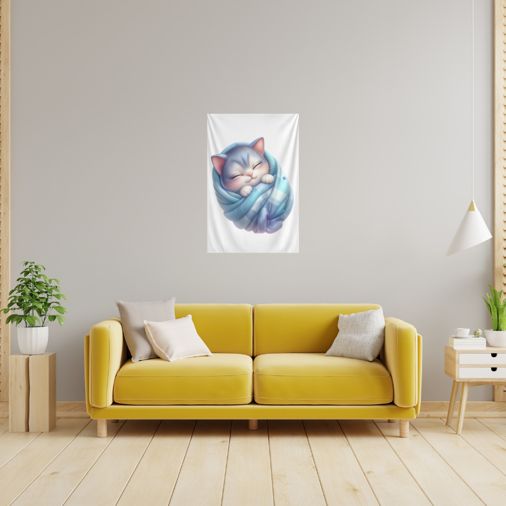 Kawaii Sleeping Kitten in Blue Swaddle Wall Tapestry