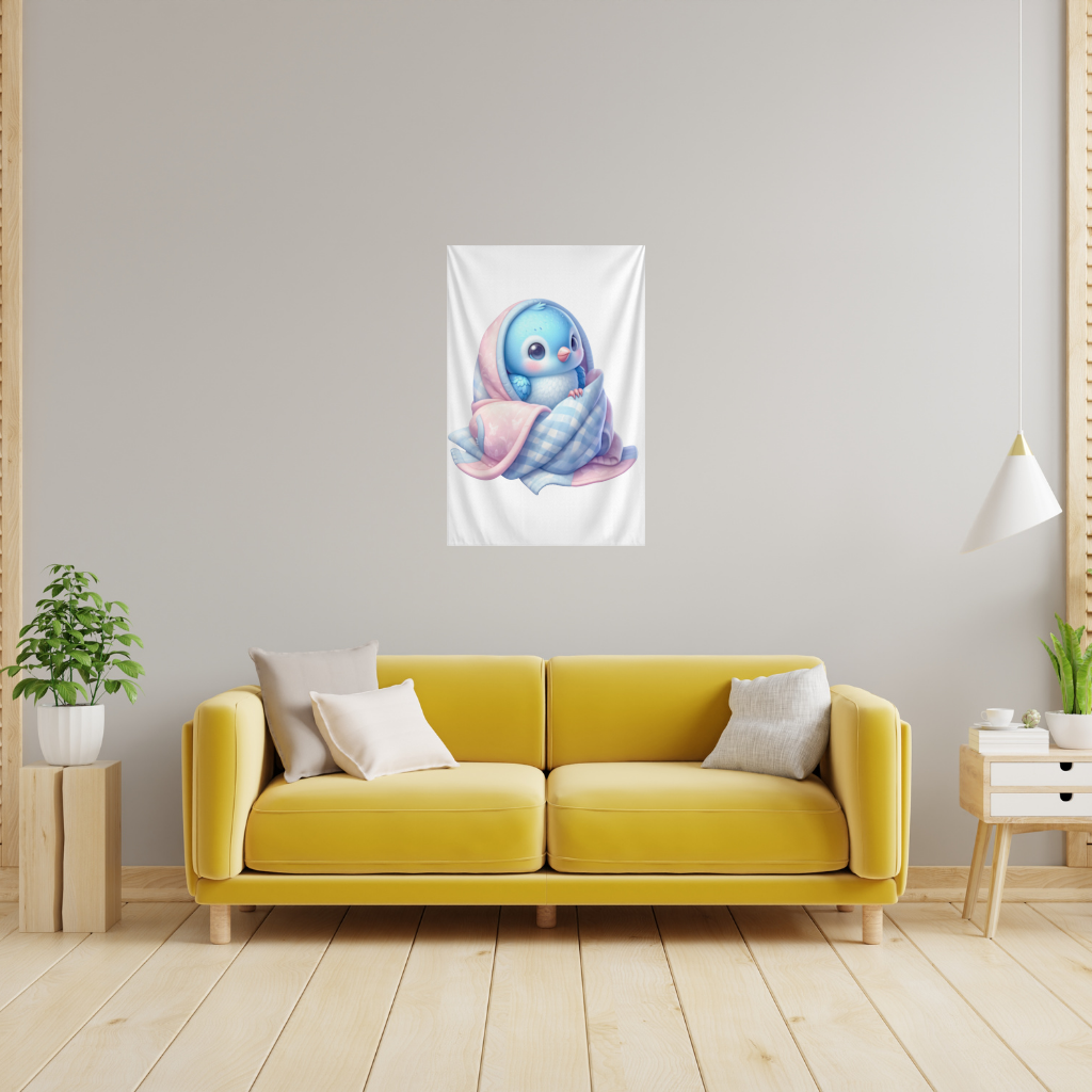 Kawaii Blue Bird in Blanket Wall Tapestry