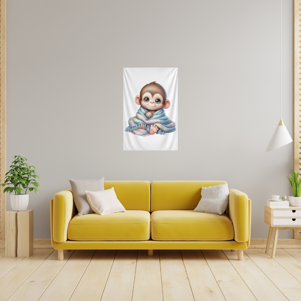 Cute Baby Monkey Wrapped in Blanket Wall Tapestry