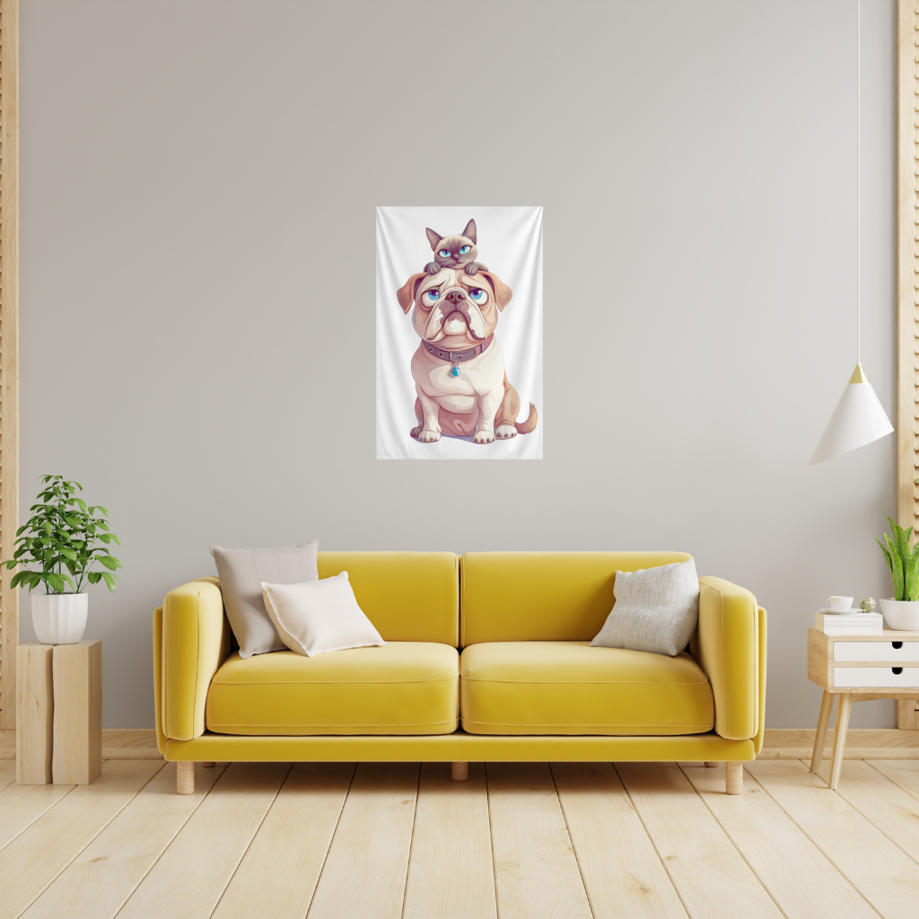 Sad Pug with Siamese Cat on Head Wall Tapestry