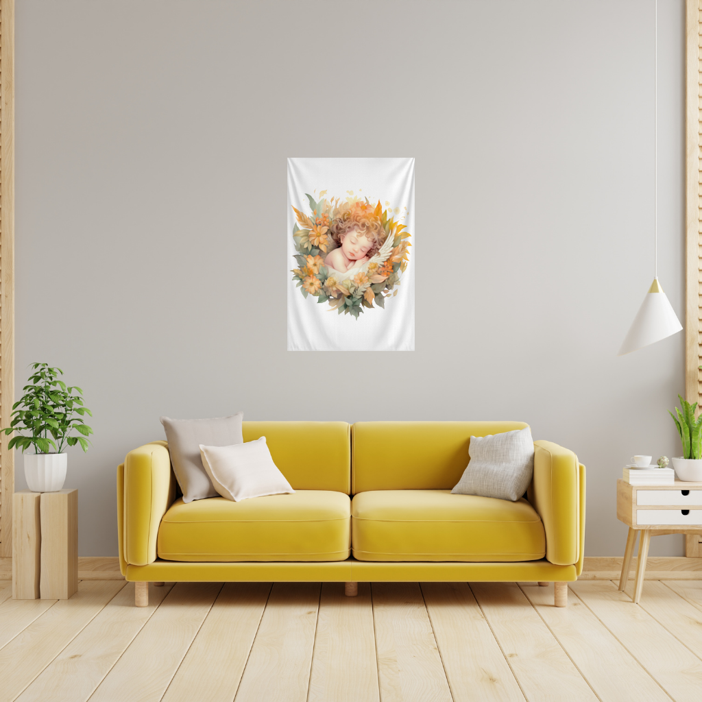 Sleeping Cherub in Cottagecore Flowers Wall Tapestry