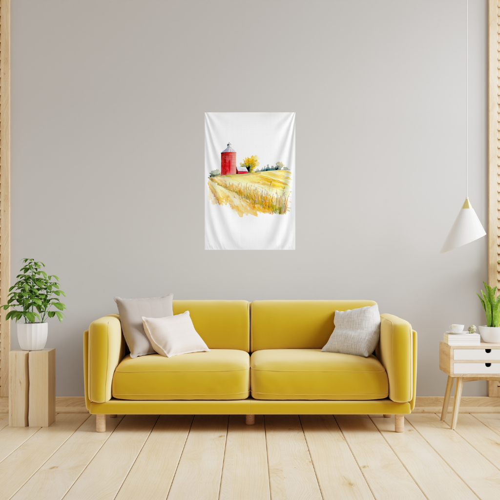Red Farm Silo and Golden Wheat Field Wall Tapestry