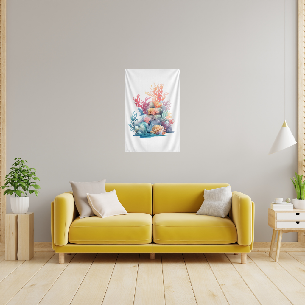 Vibrant Watercolor Coral Reef Scene Wall Tapestry