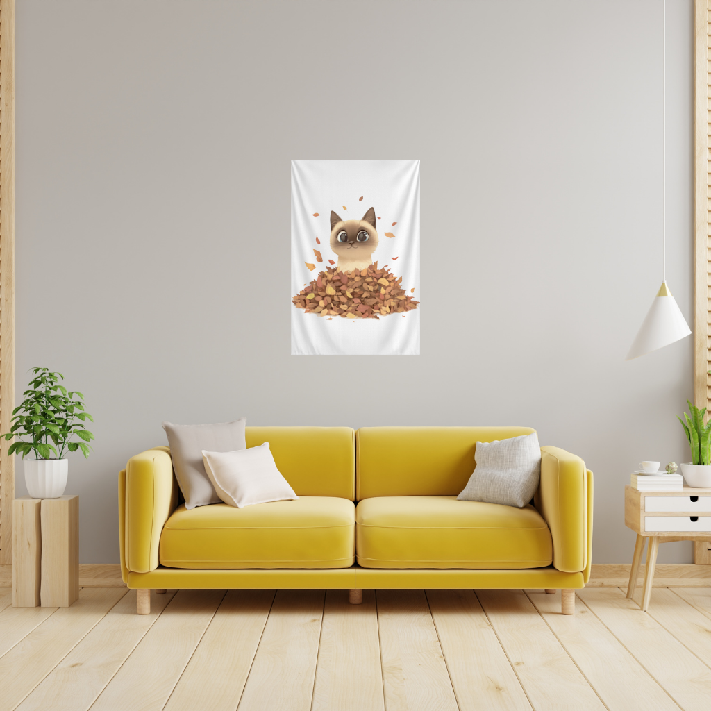 Siamese Cat in Autumn Leaf Pile Wall Tapestry