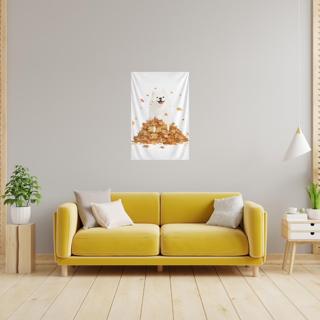 Happy White Dog in Autumn Leaves Wall Tapestry