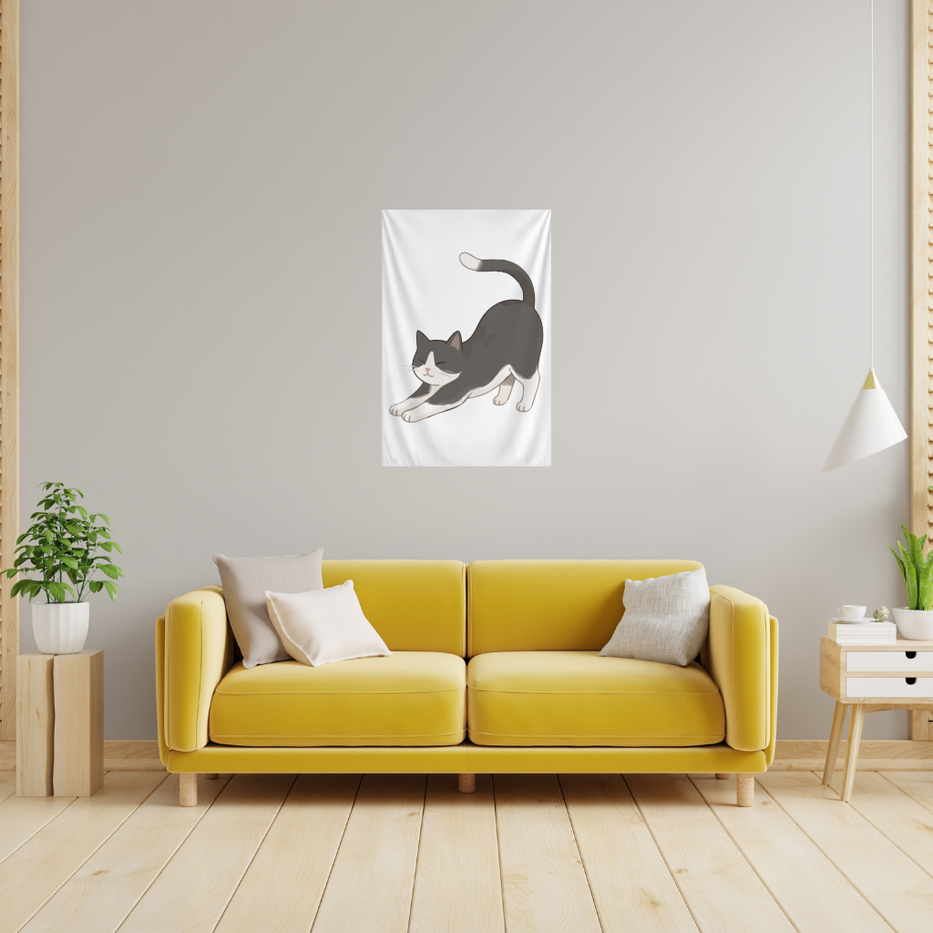Stretching Tuxedo Cat Wall Tapestry