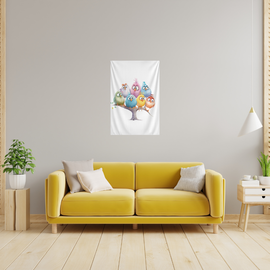 Whimsical Colorful Birds on Branch 