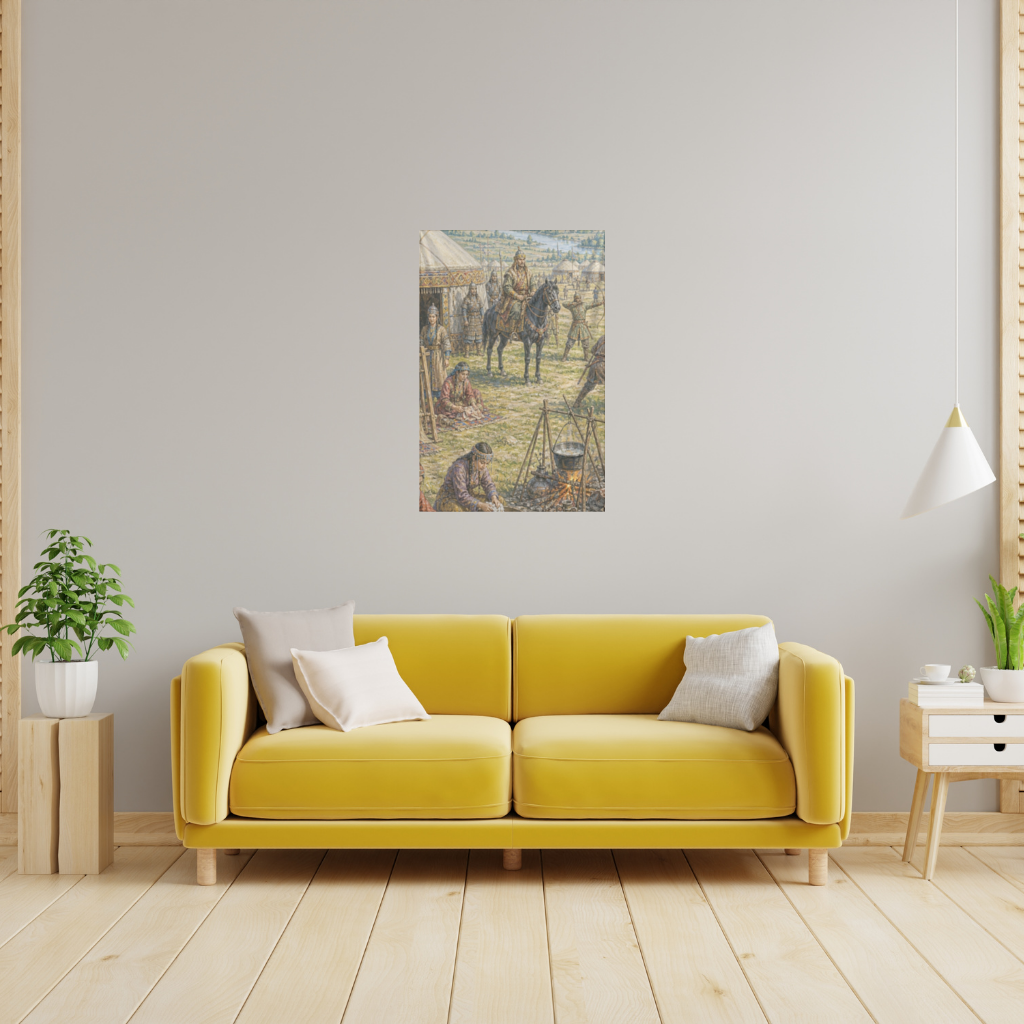 Ancient Steppe Heritage Historic Turkish Camp Scene Art Wall Tapestry