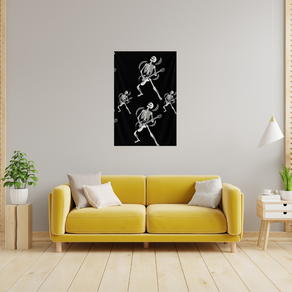 Rock Guitar Playing Skeleton Pattern on Black 