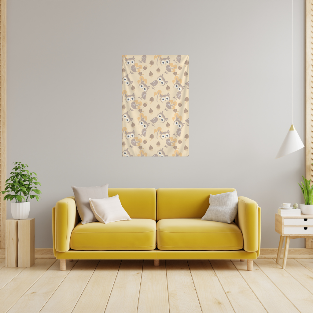 Cute Owl and Acorn Autumn Seamless Pattern Wall Tapestry