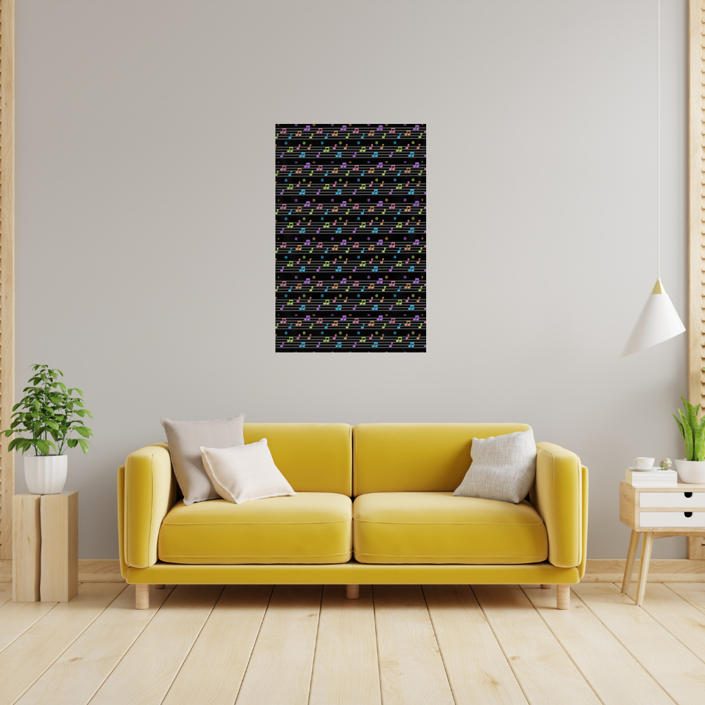 Neon Renkli Müzik Notaları ve Ritim Desenli Modern Tasarım Duvar Örtüsü