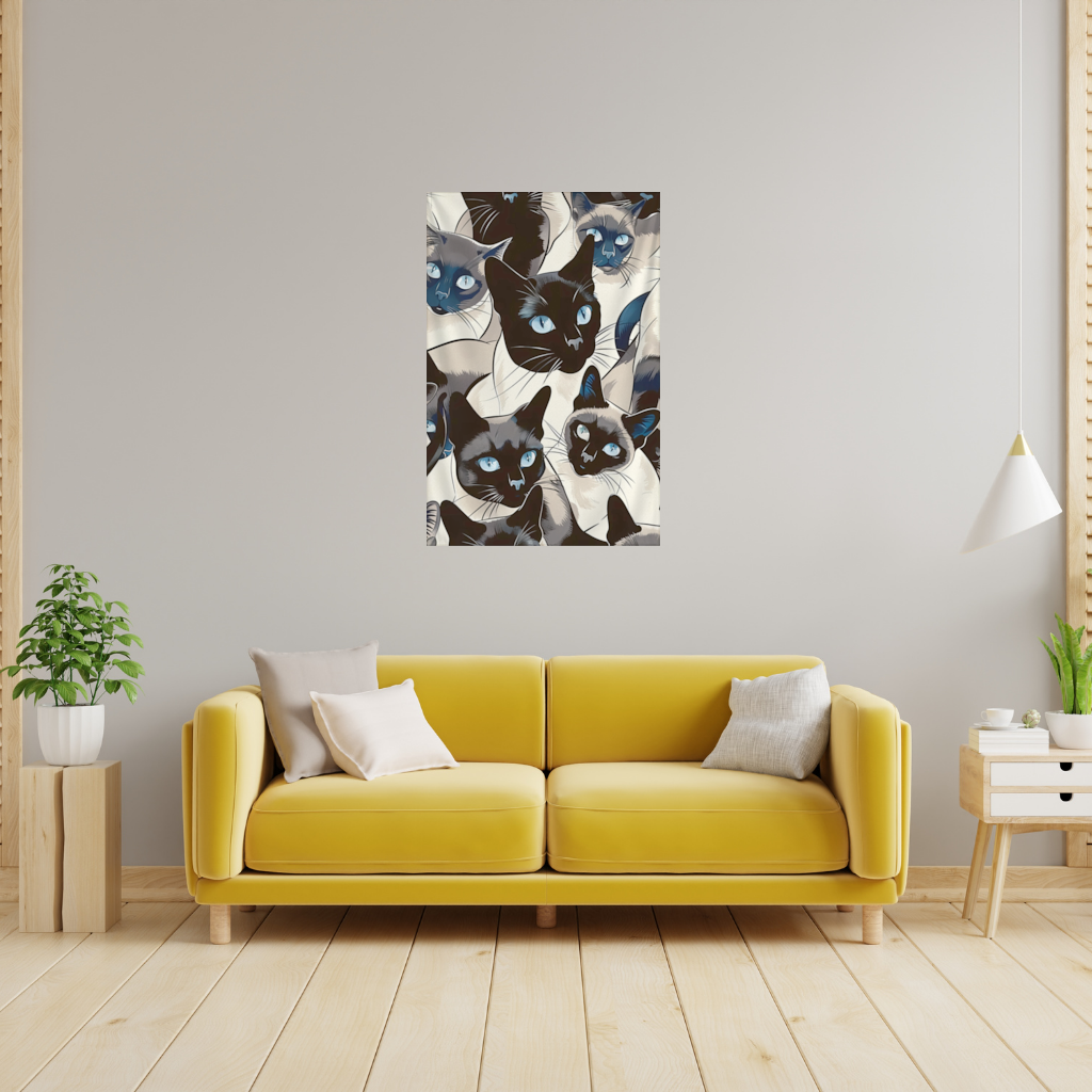 Mavi Gözlü Siyam Kedisi Desenli Şık İllüstrasyon Duvar Örtüsü