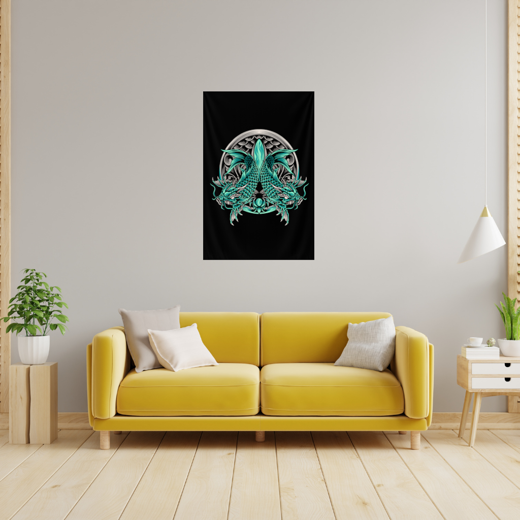 Turkuaz Çift Ejderha Amblem Tasarımı Duvar Örtüsü