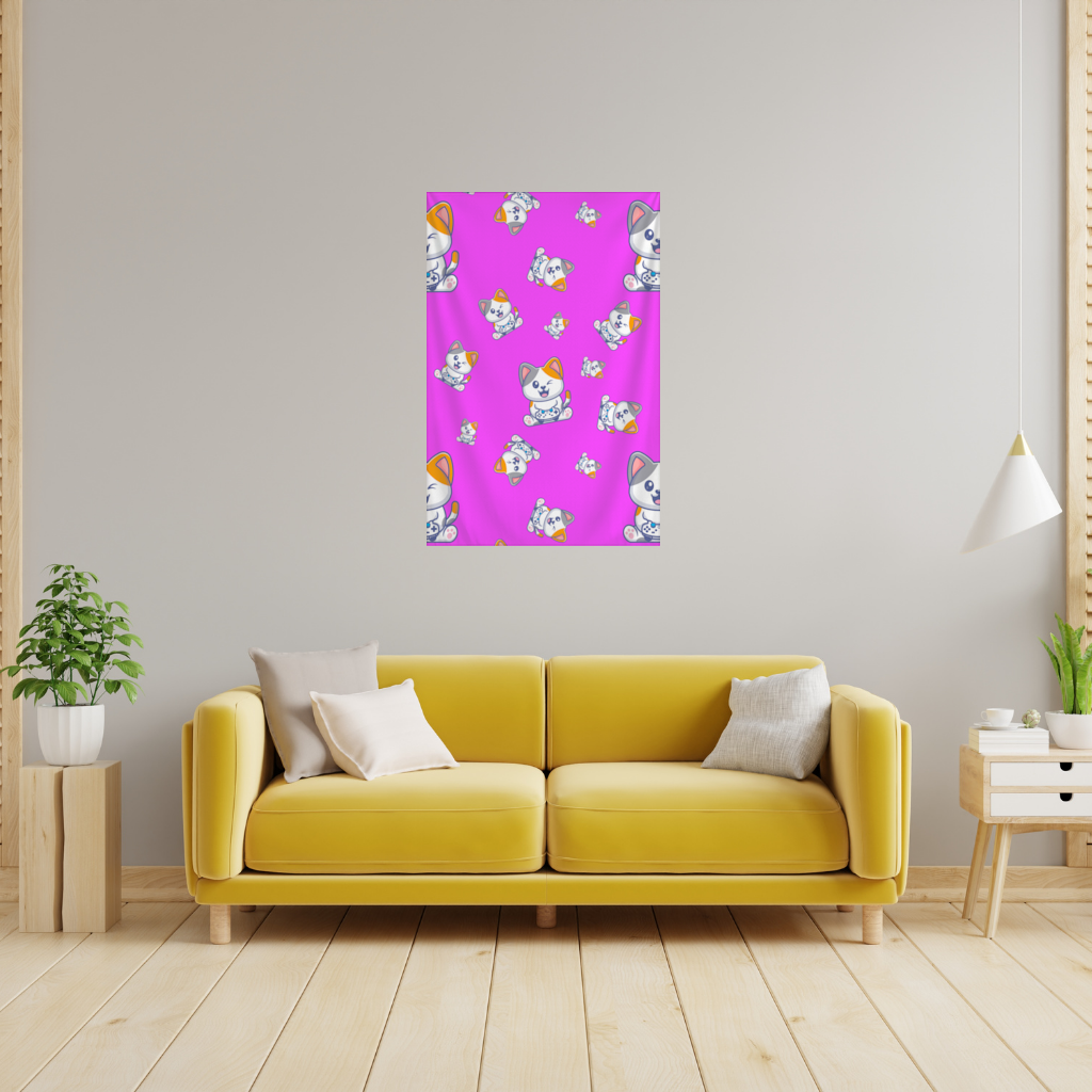 Cute Cartoon Cat Pattern on Pink Background Wall Tapestry