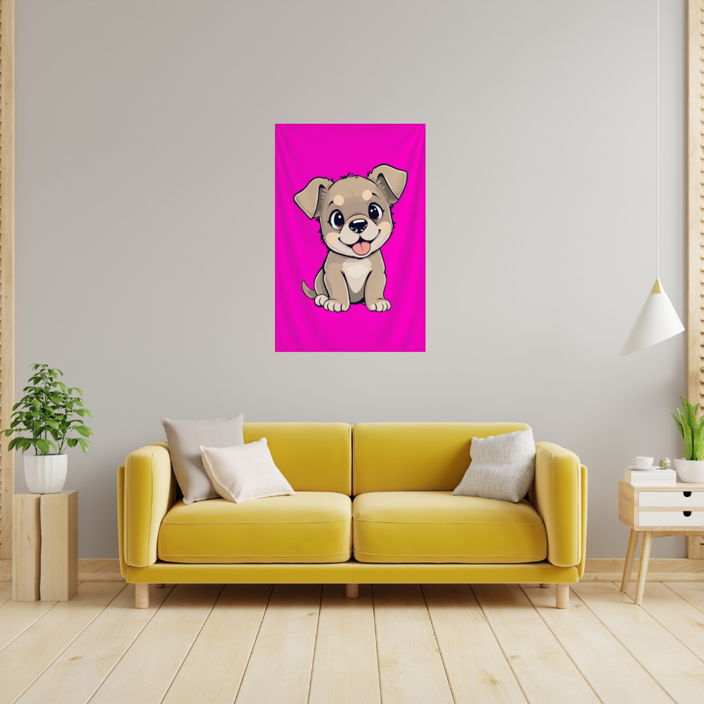 Cute Dog Illustration on Pink Background Wall Tapestry
