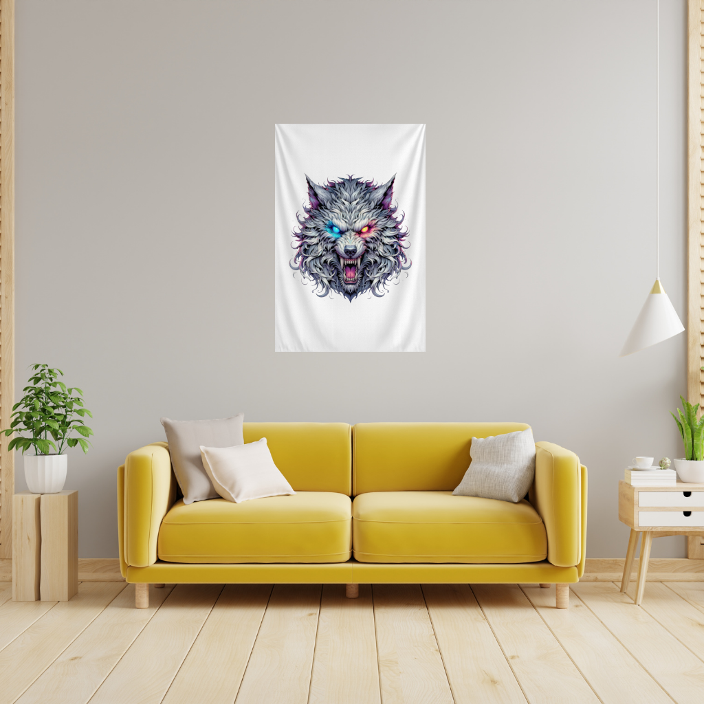 Fierce Wolf Head Illustration Heterochromia Eyes, Savage Wolf Wall Tapestry