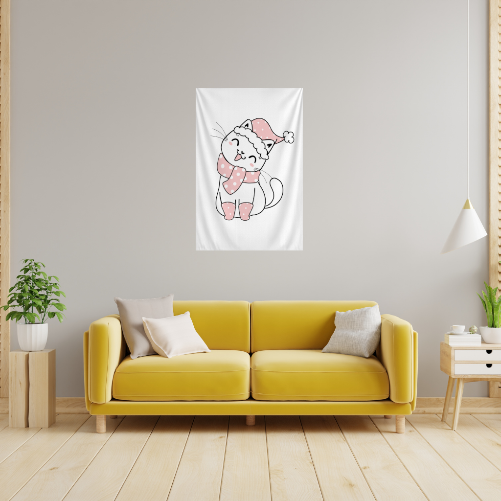 Sevimli Yılbaşı Kedisi Pembe Puantiyeli Çizim Duvar Örtüsü