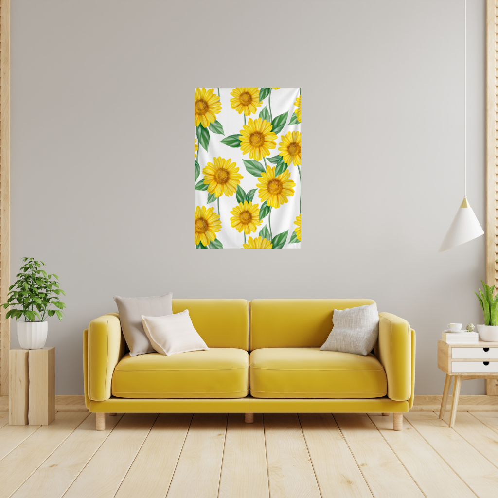 Vibrant Yellow Sunflower and Green Leaf Pattern Illustration Wall Tapestry