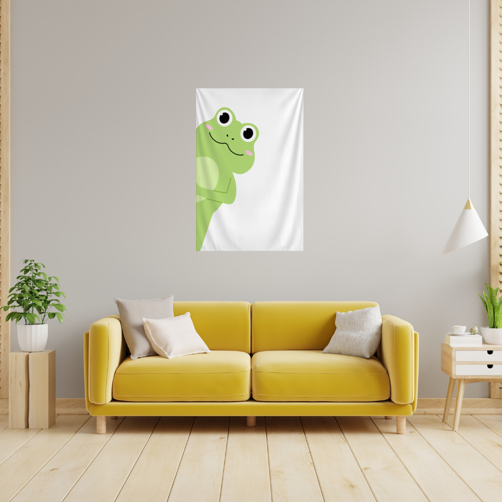 Cute Green Frog Peek-a-Boo Illustration Wall Tapestry