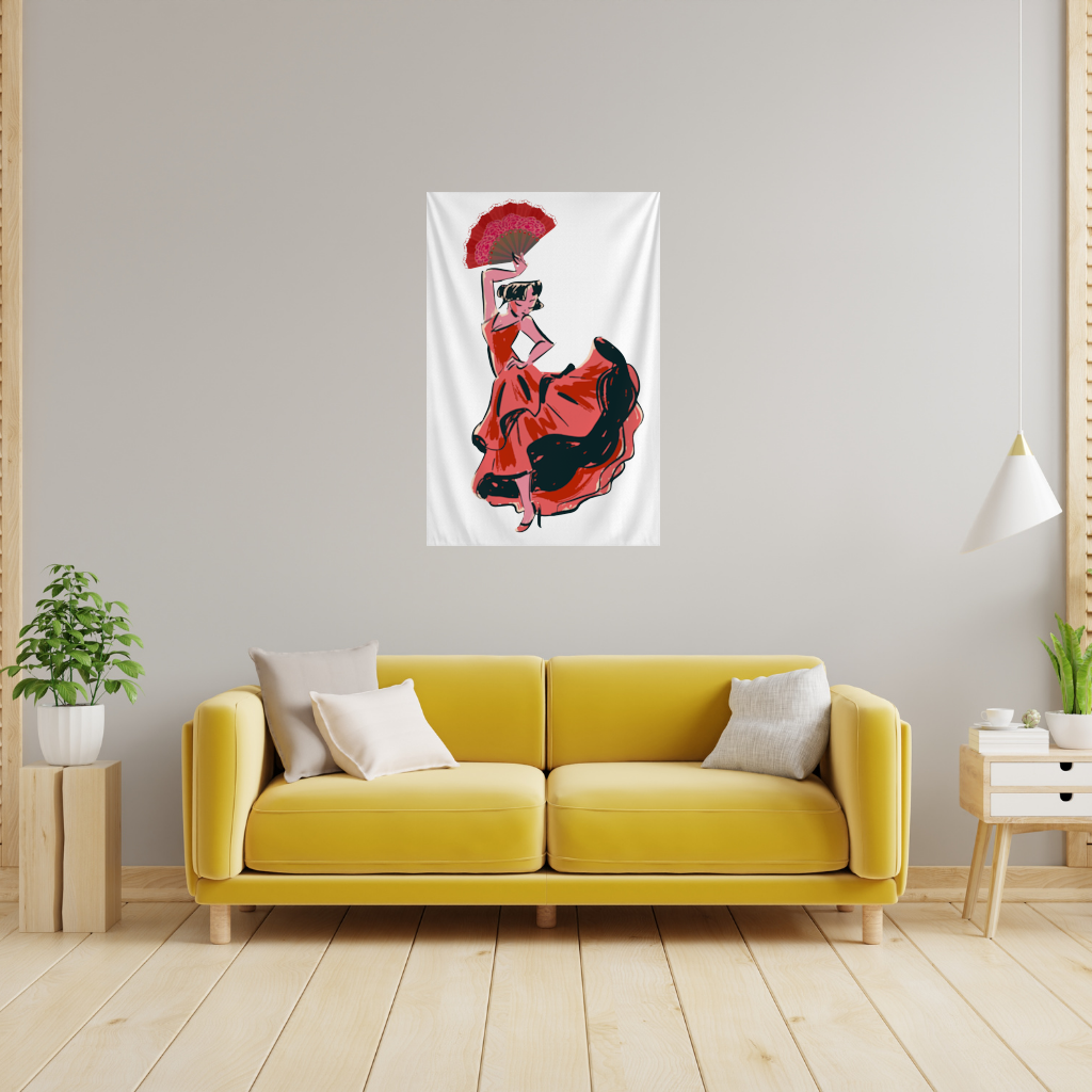 Yelpazeli Flamenko Dansçısı İllüstrasyonu Duvar Örtüsü