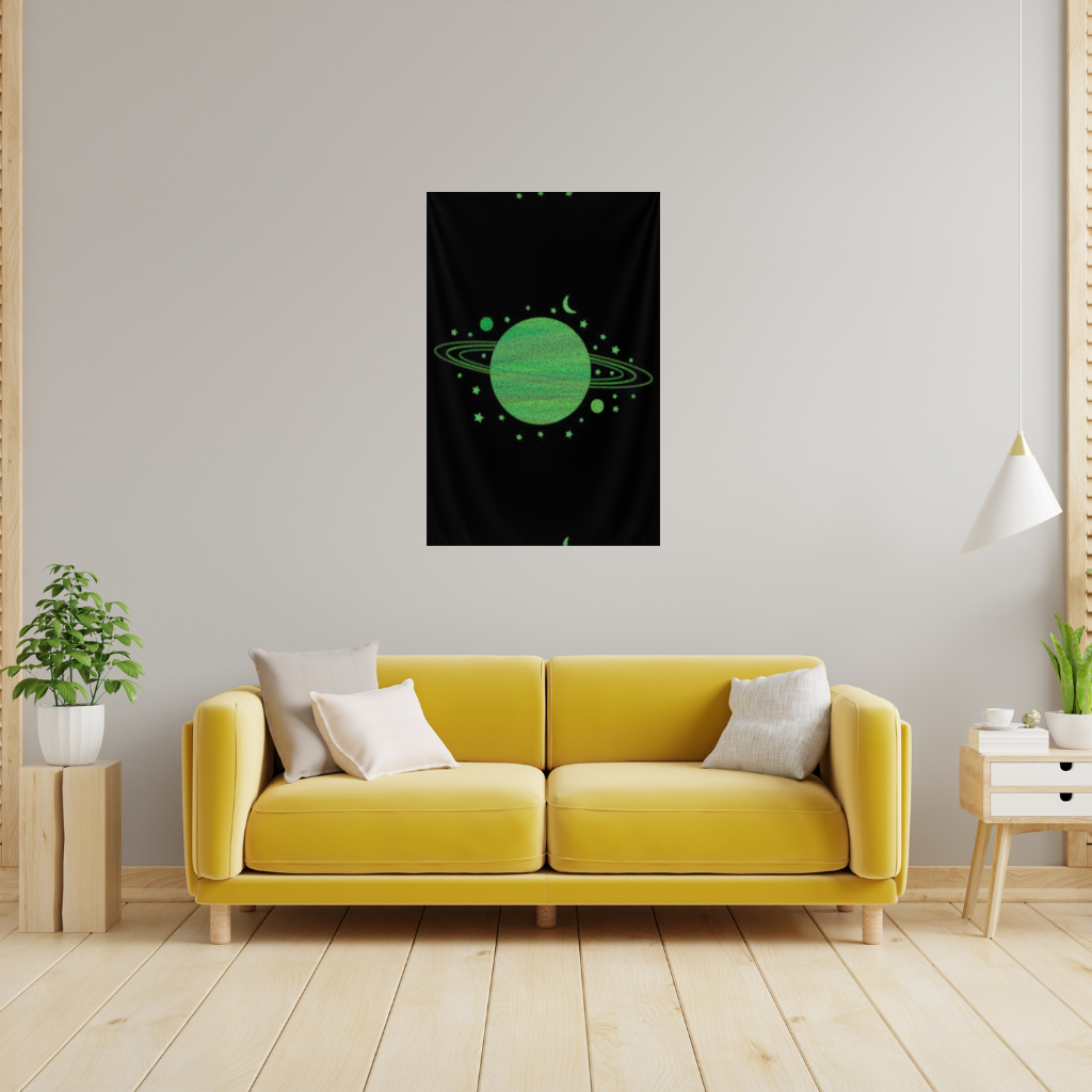 Green planets on a black background. Wall Tapestry