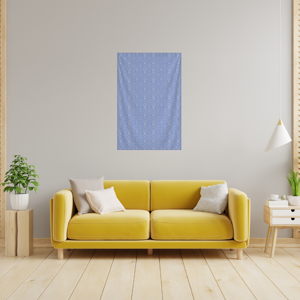 Orange Linear Floral Pattern on Blue Wall Tapestry