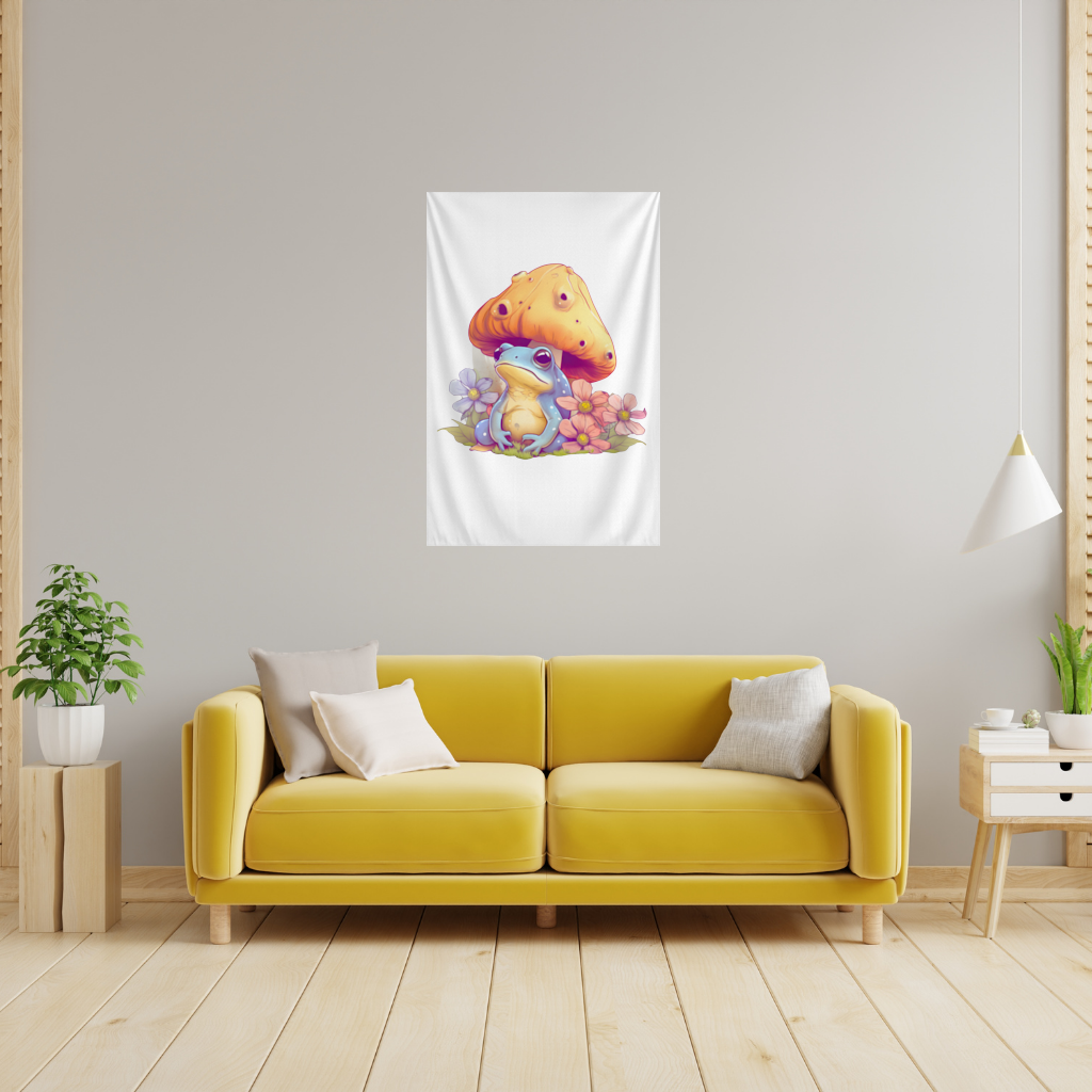 Blue Frog Resting Under Orange Mushroom Wall Tapestry