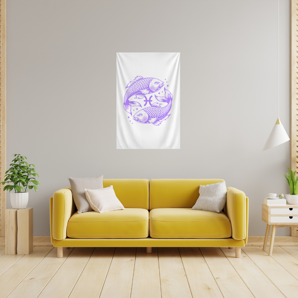 Pisces Zodiac Symbol with Purple Fish Art Wall Tapestry