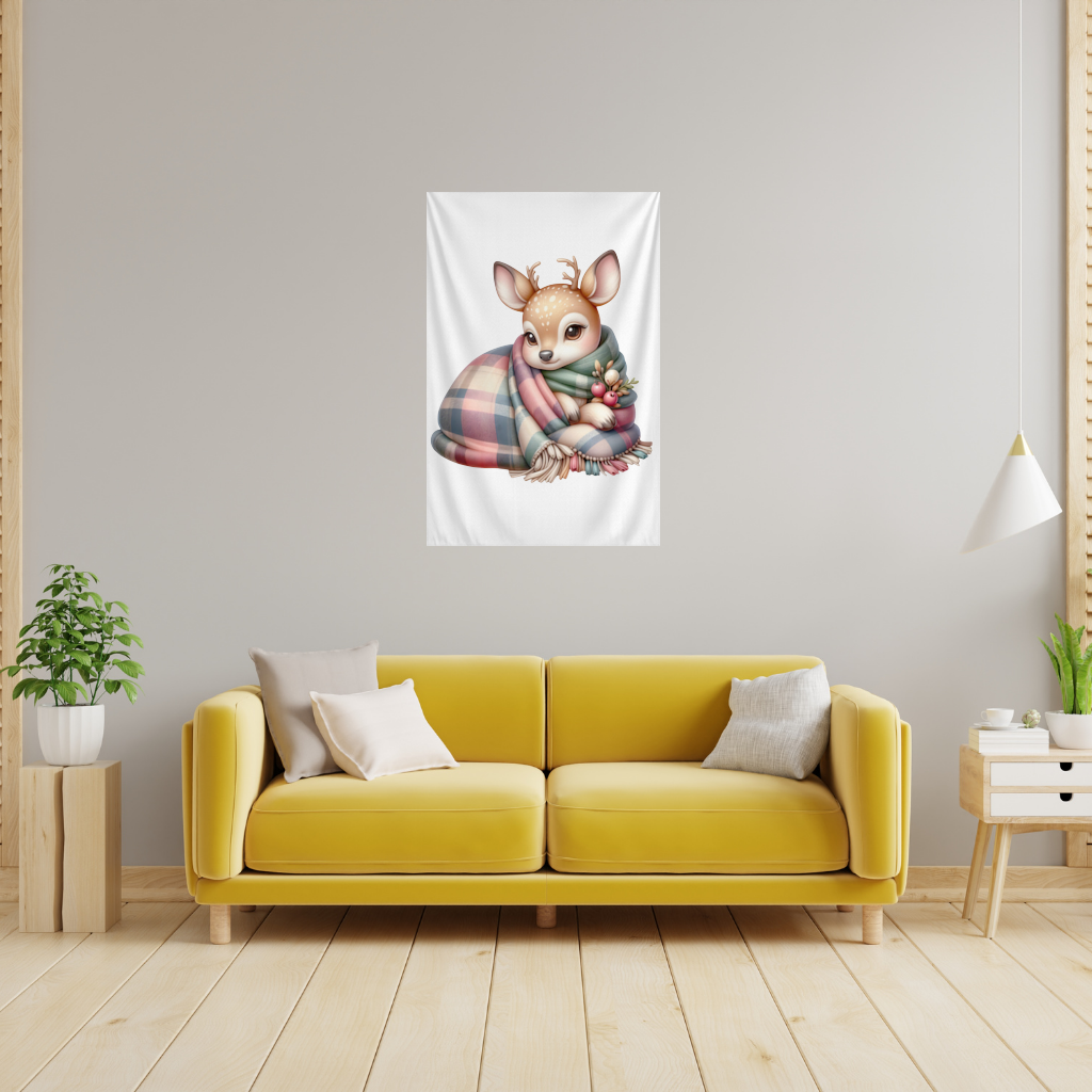 Kawaii Baby Deer with Plaid Scarf Wall Tapestry