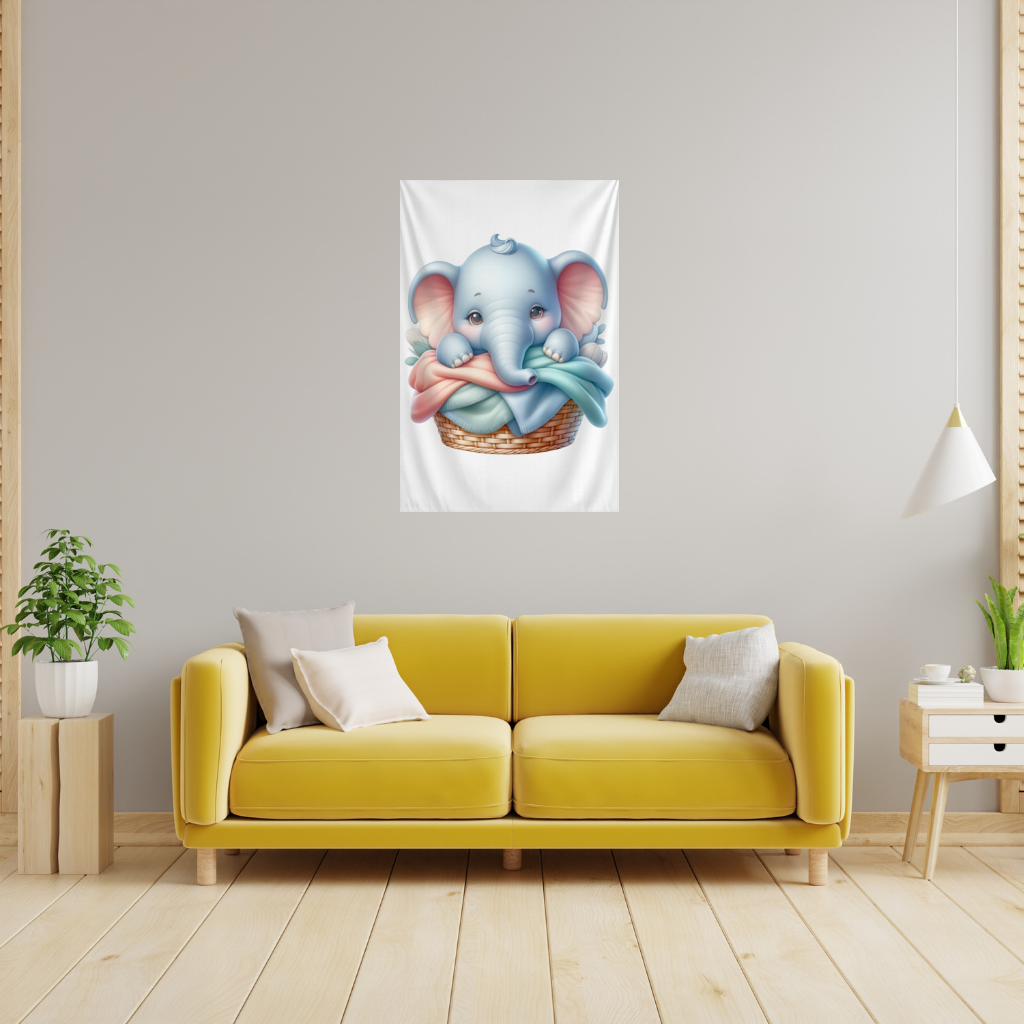 Cute Baby Elephant in Basket Wall Tapestry