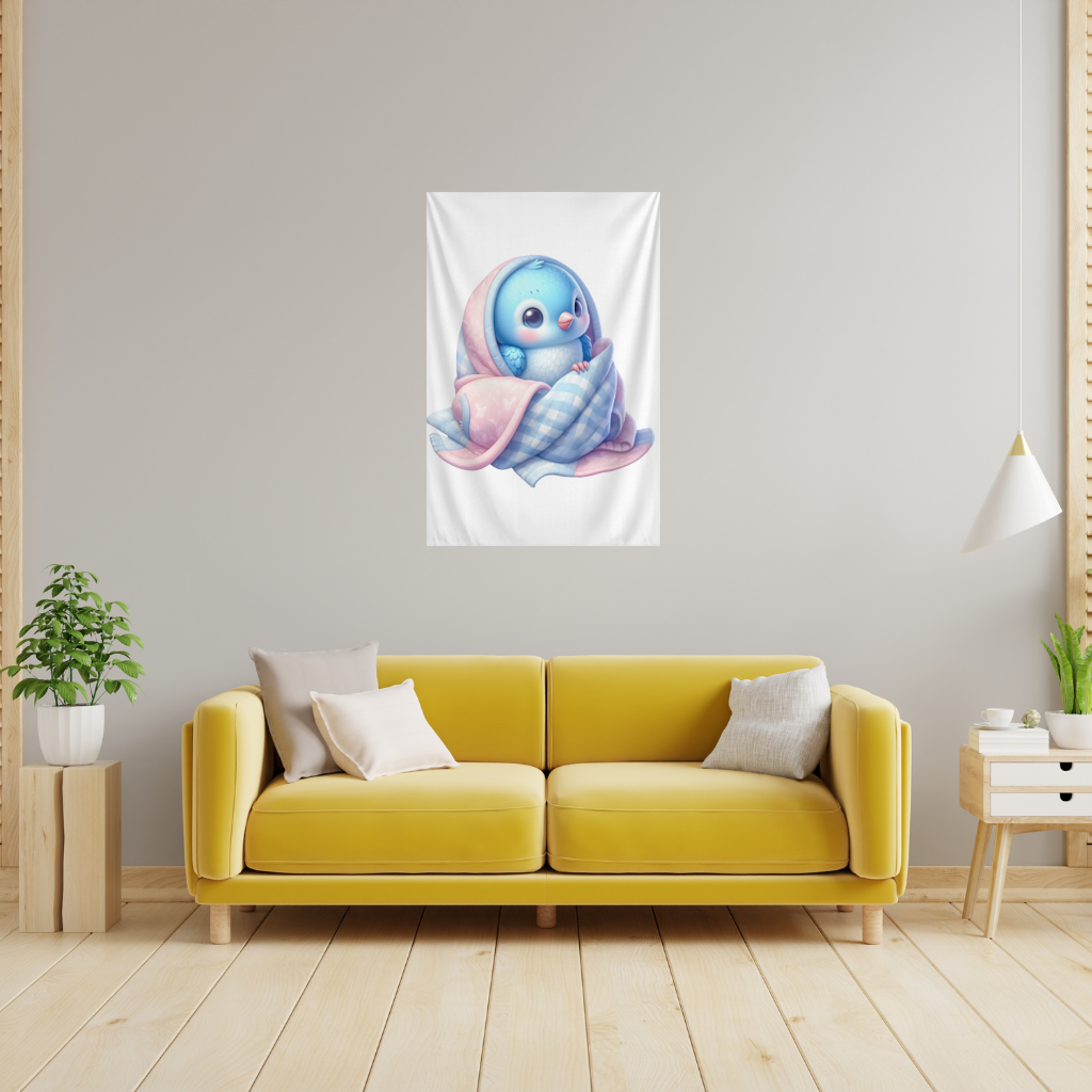Kawaii Blue Bird in Blanket Wall Tapestry