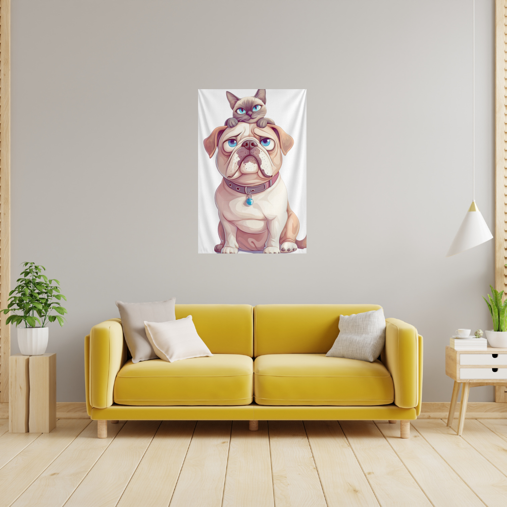 Sad Pug with Siamese Cat on Head Wall Tapestry