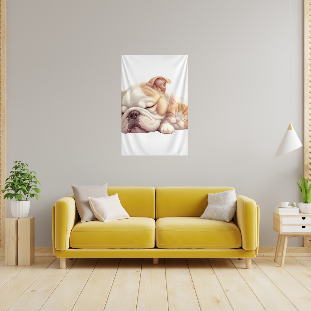 Sleeping Bulldog and Ginger Kitten Wall Tapestry