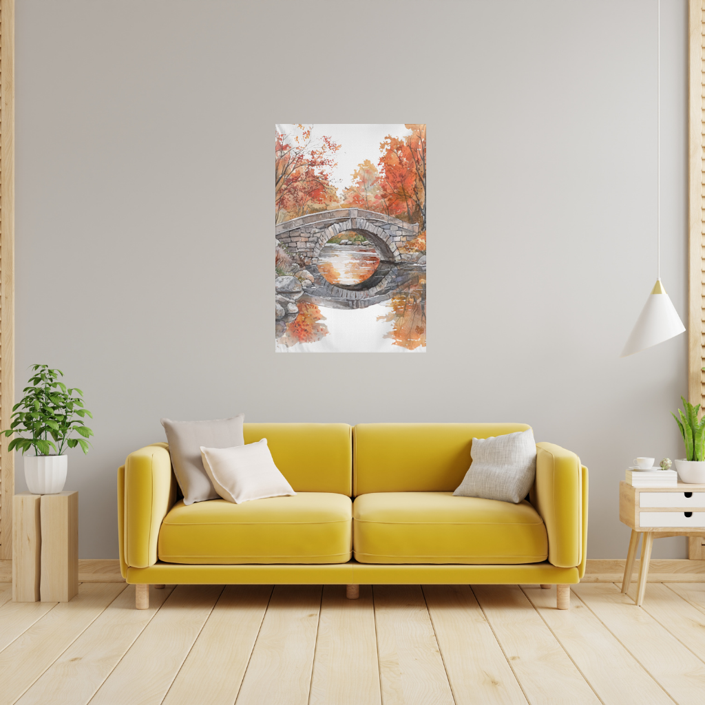Autumn Stone Arch Bridge Over River Wall Tapestry