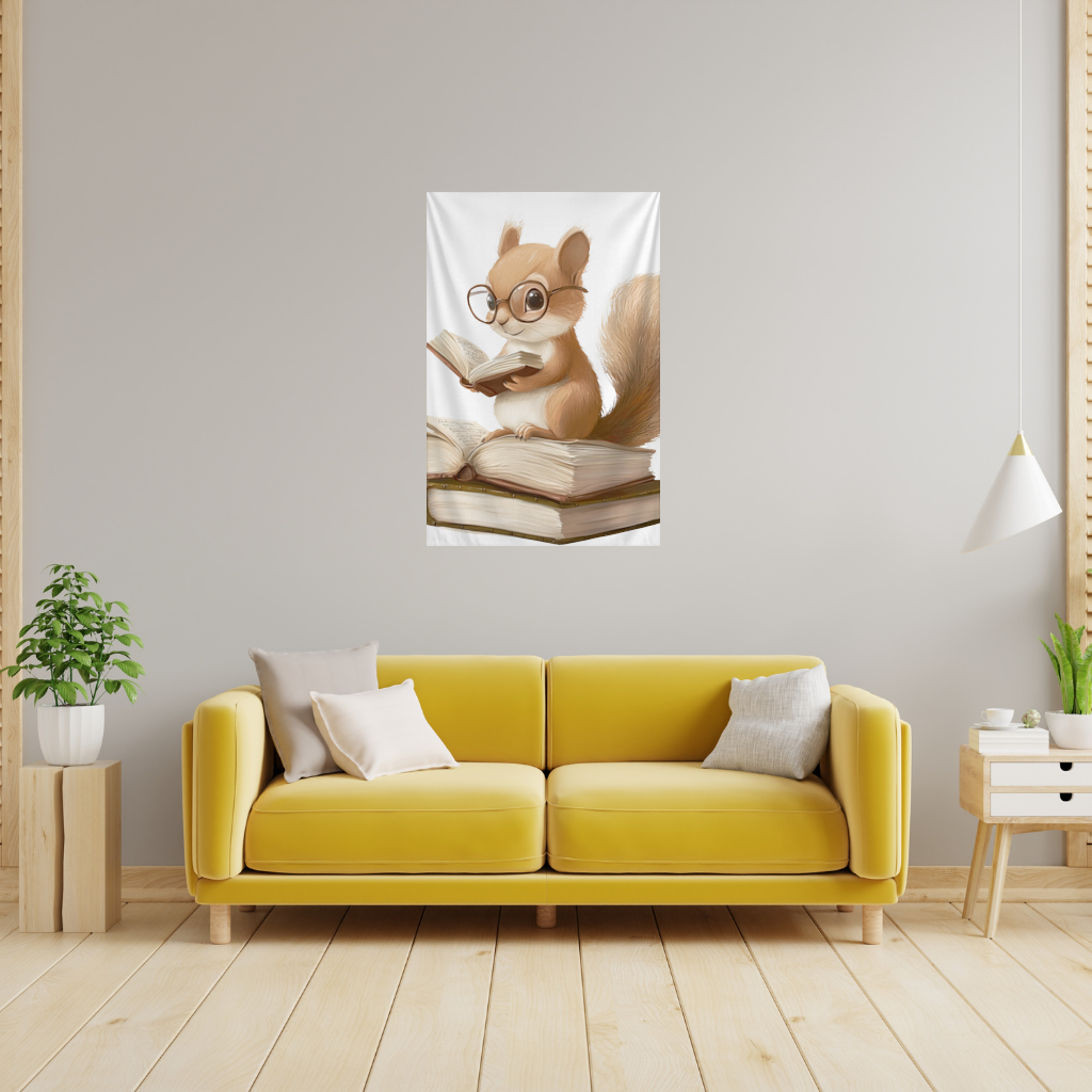 Scholarly Squirrel Reading on Book Stack Wall Tapestry