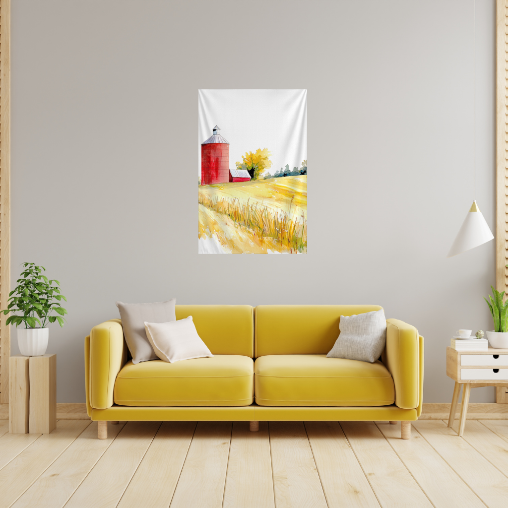 Red Farm Silo and Golden Wheat Field Wall Tapestry