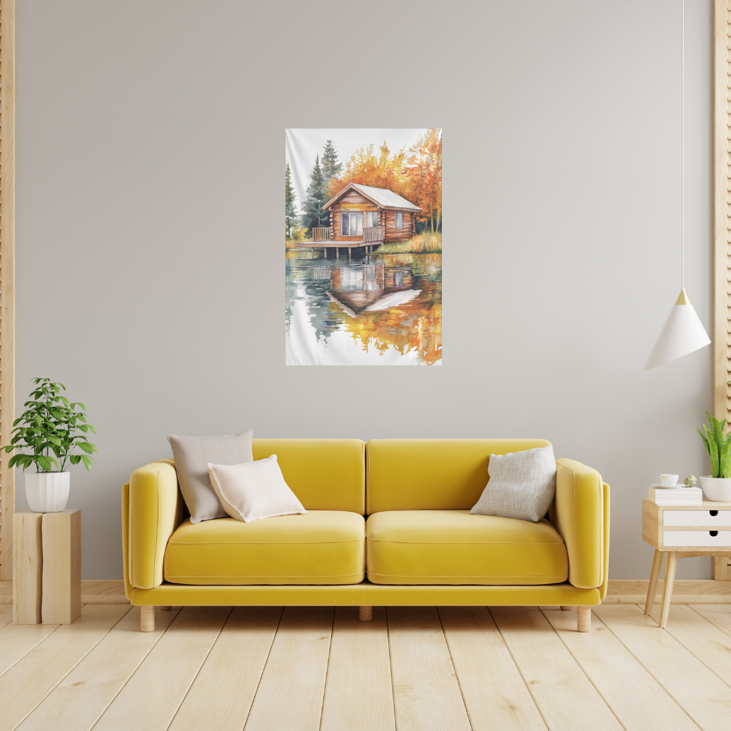 Lakeside Log Cabin Autumn Landscape Wall Tapestry