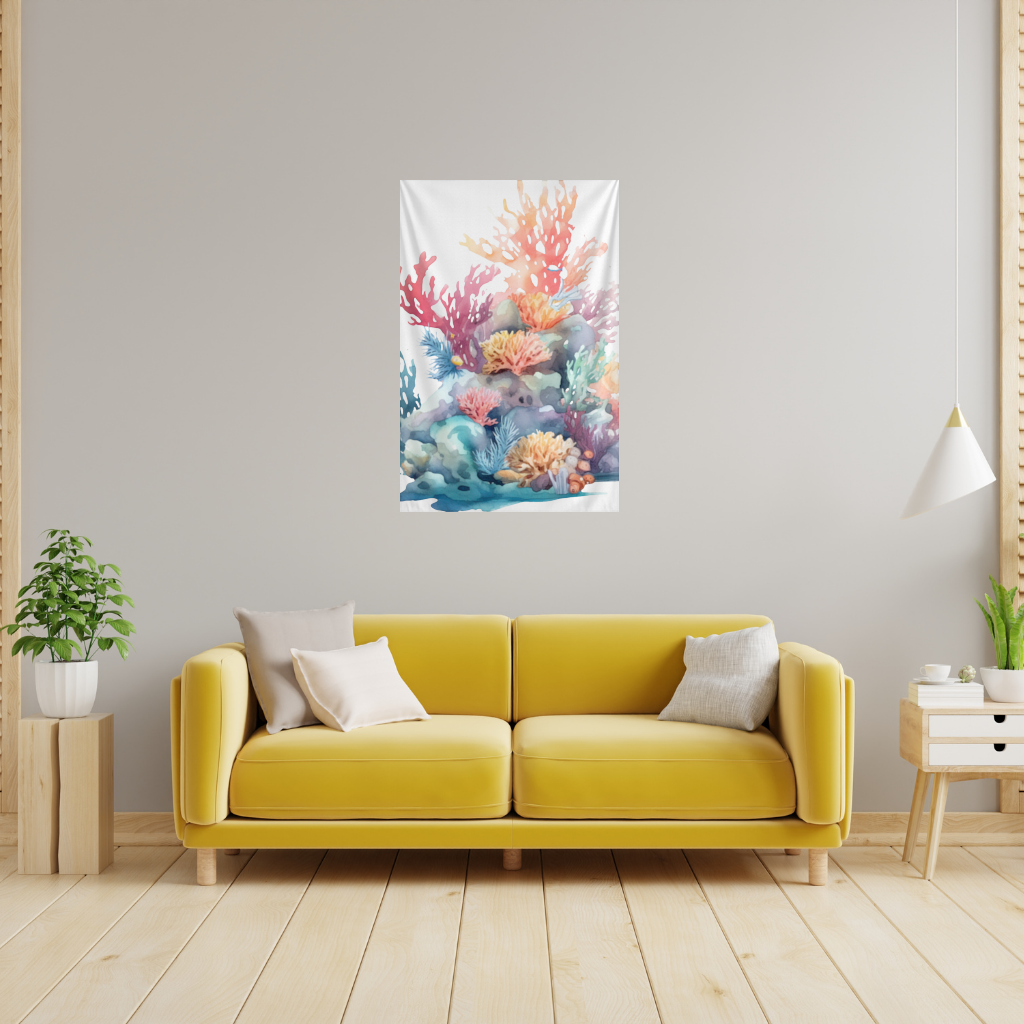 Vibrant Watercolor Coral Reef Scene Wall Tapestry