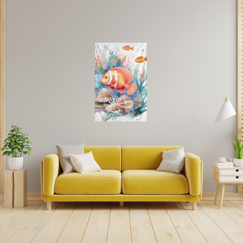 Watercolor Clownfish and Tropical Coral Reef Wall Tapestry