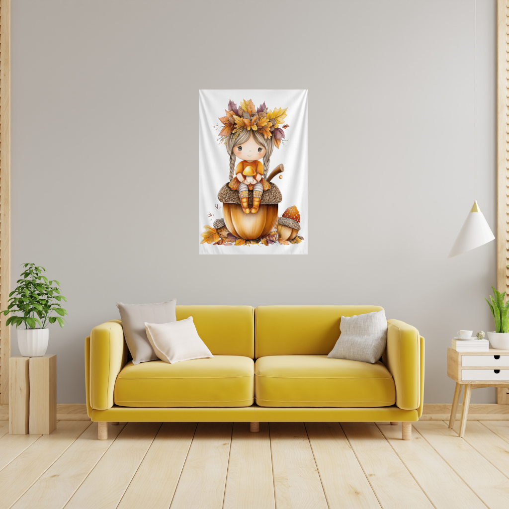 Autumn Acorn Mushroom Girl Wall Tapestry