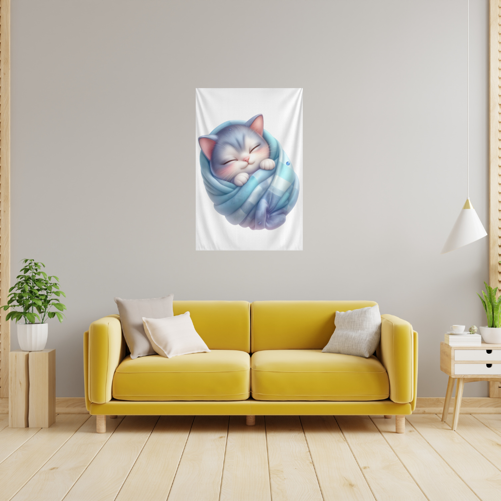 Kawaii Sleeping Kitten in Blue Swaddle Wall Tapestry