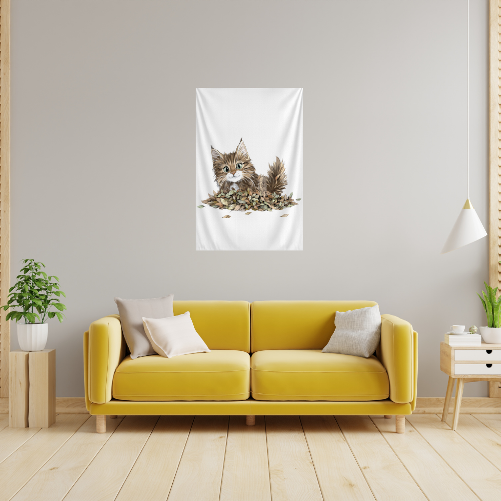 Cute Fluffy Kitten in Autumn Leaves Wall Tapestry