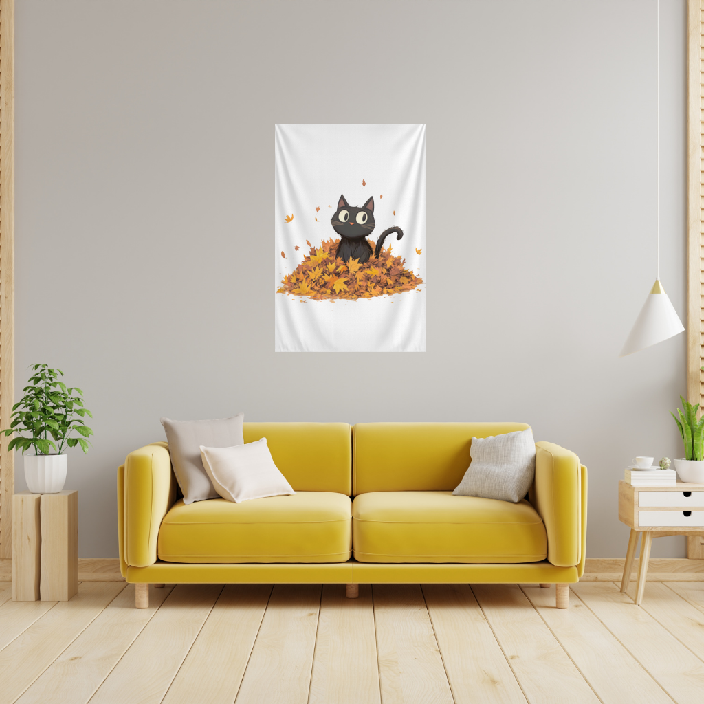 Cute Black Cat in Autumn Leaves Wall Tapestry