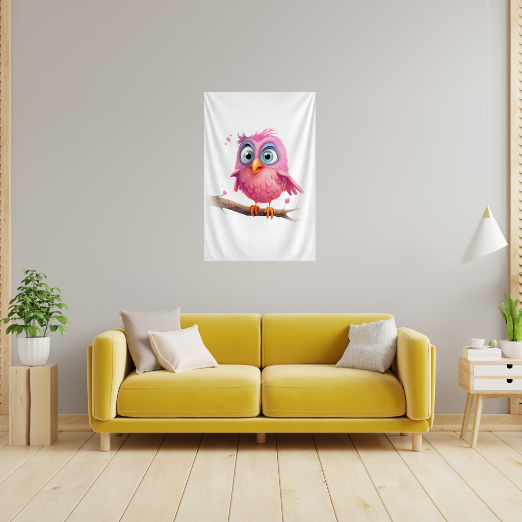 Cute Pink Bird with Large Blue Eyes Wall Tapestry