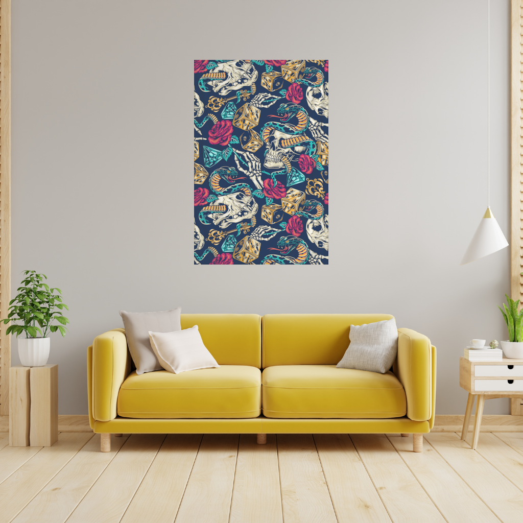 Skull Snake Dice and Roses Pattern Wall Tapestry